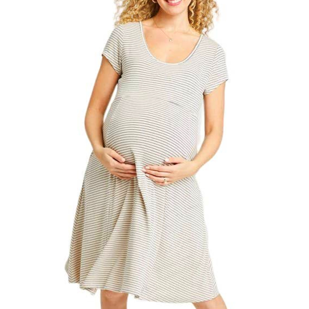 The Nines by HATCH Cream and Black Striped Maternity Dress